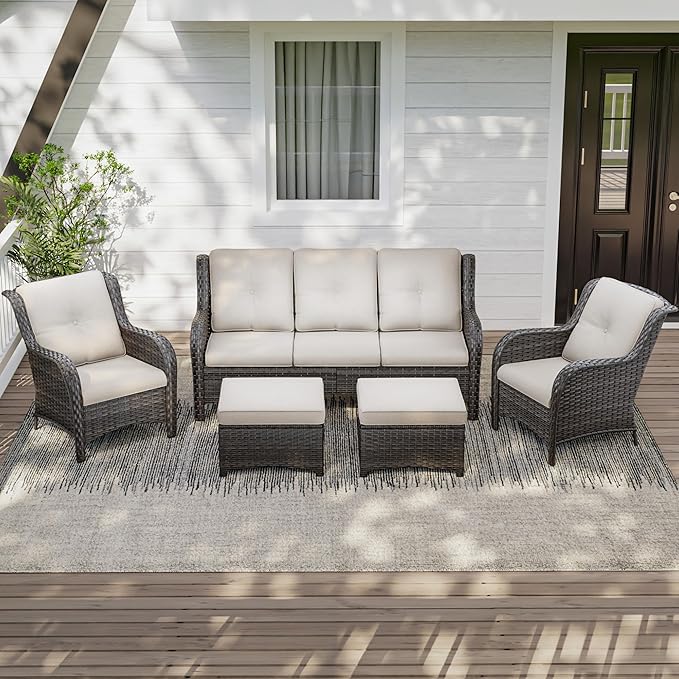 Patio Conversation Set 5-PCS Wicker Outdoor Furniture Conversation Set with 3-Seat Sofa, 2 Armchair, 2 Ottoman Patio Rattan Wicker Sectional Sofa Set with Olefin Cushion, Beige
