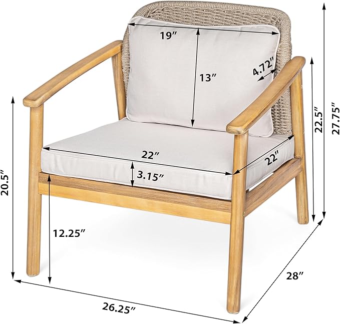 Christopher Knight Home Octavia Outdoor Club Chairs Set of 2, Acacia Wood Accent Chair with Cushion, Woven Rope Backrest Armchair, Solid Wood Frame Chair, Patio Chair for Porch Backyard, Beige+Teak