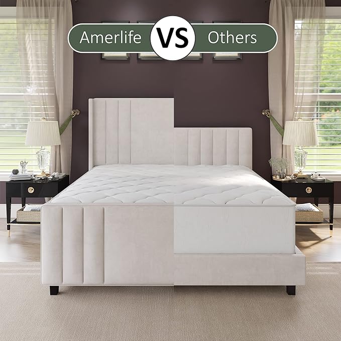 AMERLIFE King Size Bed Frame, Velvet Upholstered Platform Bed with Vertical Channel Tufted Headboard & Footboard/Wingback, Mattress Foundation with Wood Slats, No Box Spring Needed, Cream