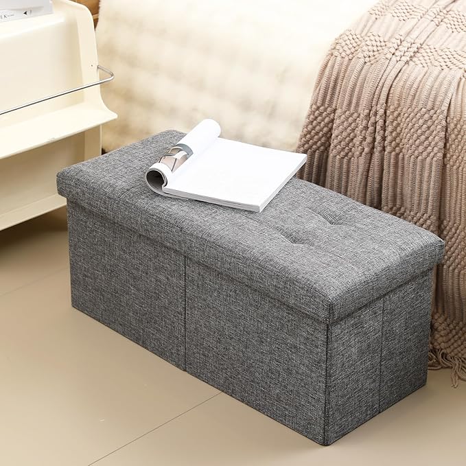 CUYOCA Storage Ottoman Bench Foldable Seat Footrest Shoe Bench End of Bed Storage with Flipping Lid, 75L Storage Space, 30 inches Linen Fabric Dark Grey