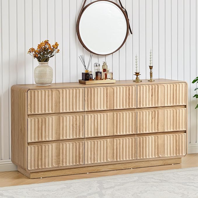 Fluted 9 Drawer Dresser for Bedroom, 60" Wide Modern Chest of Storage Drawers, Wood Dresser & Chest of Drawers with Curved Corners, Dressers TV Stand for Living Room (60" Natural 9 Drawer)