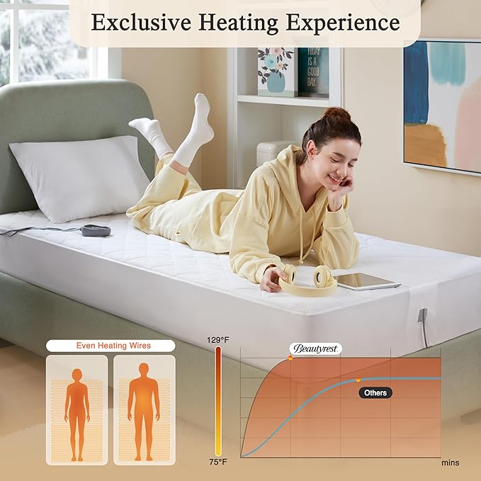 Beautyrest Cotton Blend Heated Mattress Pad Secure Comfort Technology - Luxury Quilted Electric Mattress Pad with Deep Pocket - 5-Setting Heat Controllers, Full, White