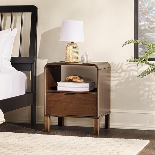 Walker Edison Modern Curved-Top Solid Wood 1-Drawer Nightstand with Open Cubby, 24 Inch, Brown