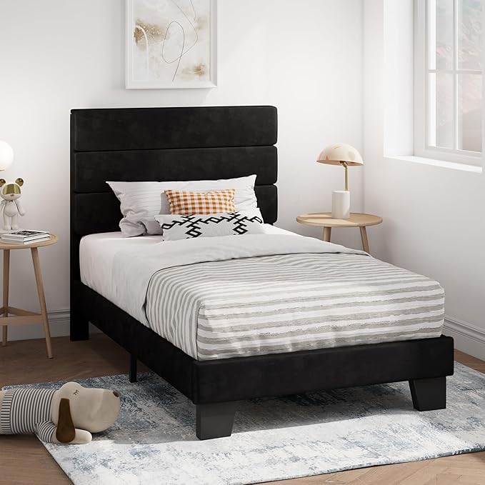 SHA CERLIN Twin Platform Bed Frame with Velvet Upholstered Headboard, Mattress Foundation with Strong Wooden Slats Support, No Box Spring Needed, Black
