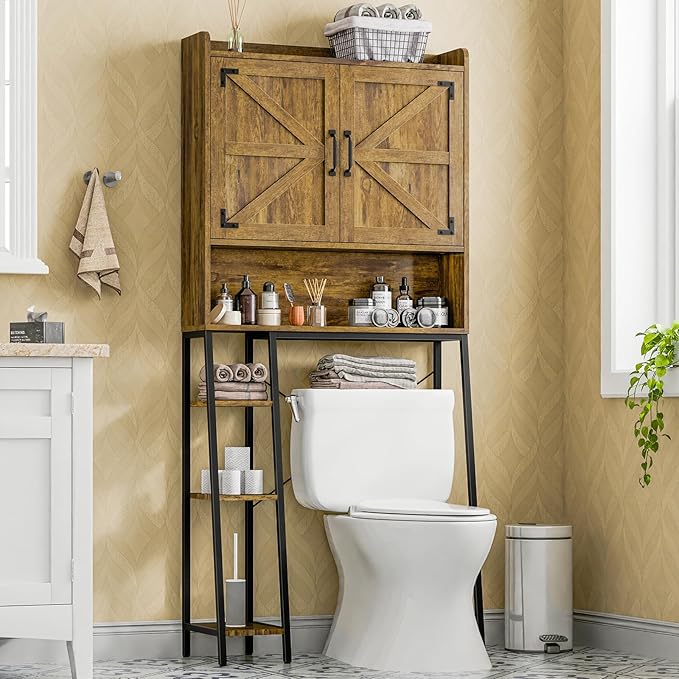 Vabches Over The Toilet Storage Cabinet, Farmhouse Storage Cabinet Over Toilet with Barn Doors & Toilet Paper Holder Stand,Home Space-Saving Toilet Rack, for Restroom, Laundry and Bathroom
