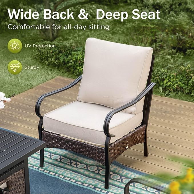Patio Furniture Set with 56" Fire Pit Table, Premium Outdoor Wicker Metal Frame Furniture with Upgraded Waterproof Thick Cushions for Porch, Poolside, Deck, and Yard (4 Pieces,Beige)
