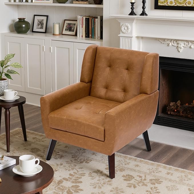 Faux Leather Accent Chairs Set of 2, Mid-Century Modern Upholstered Armchair, Comfy Living Room Chairs Reading Chairs with Button Tufted Back & Solid Wood Legs for Bedroom, Office, Brown