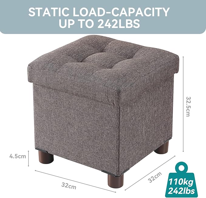 BRIAN & DANY Small Ottoman with Storage, Small Storage Ottoman, Folding Foot Stool with Wood Legs for Living Room and Bedroom Linen Rest Seat, 12.6"x12.6"x12.8" - Brown