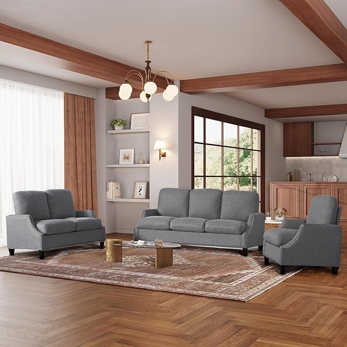 3 Piece 6-Seater Living Room Sofa Set, Modern Upholstered 3-Seater Sofa, Loveseat & Armchair, Handmade Nailhead Trim, Ergonomic Deep-Seat Couch for Living Room, Bedroom, Apartment, Gray