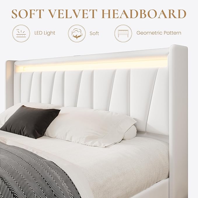 SHA CERLIN King Size Bed Frame with Charging Station and LED Lights, Modern Velvet Platform Bed with Upholstered Geometric Wingback Headboard, No Box Spring Needed, Easy Assembly, White
