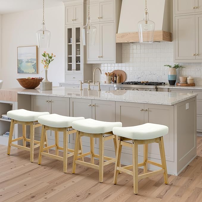 Counter Height Bar Stools Set of 4 for Kitchen Island Modern Barstools with Upholstered Faux Leather Backless Seat and Solid Wood Legs, 24 inch Farmhouse Bar Chairs, White