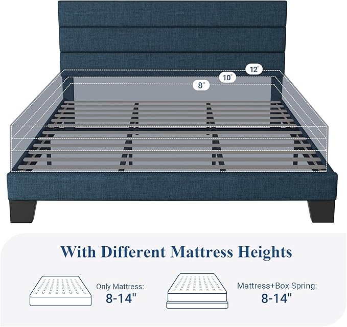 Allewie King Size Platform Bed Frame with Fabric Upholstered Headboard and Wooden Slats Support, Fully Upholstered Mattress Foundation/No Box Spring Needed/Easy Assembly, Navy Blue