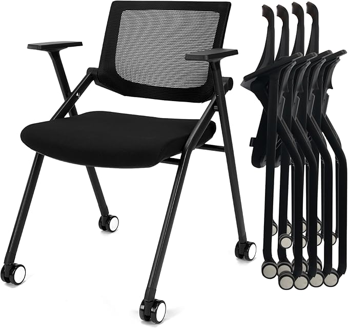 2 Pack Stackable Conference Room Chairs with Wheels and Paddle, Ergonomic Mesh Back and Arms for Meeting, Conference, Reception, Training Room & Home Office Desk Folding Chairs