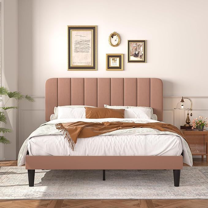 VECELO Full Size Bed Frame with Upholstered Headboard, Velvet Platform Bedframe Mattress Foundation, Strong Wood Slat Support, No Box Spring Needed,Tan Brown
