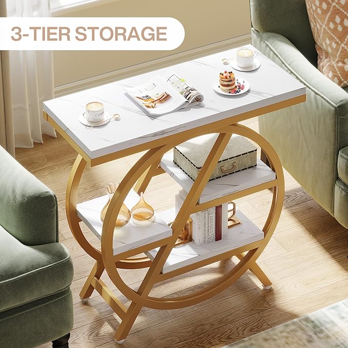Tribesigns End Table Set of 2, Modern Faux Marble Side Table for Living Room, 3 Tier Narrow Sofa Side Table with Storage and Metal Frame, Nightstand and Bedside Table for Bedroom, Gold & White