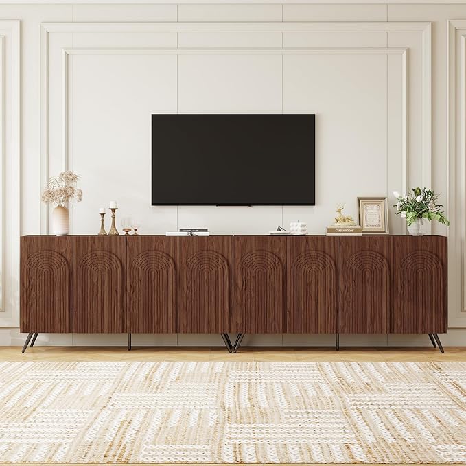 59" Sideboard Buffet Cabinet with Adjustable Shelves, Modern Storage Cabinet with Arched 3D Carved Wood Doors, Credenza Accent Cabinet for Living Room, Dining Room, Entryway,Walnut