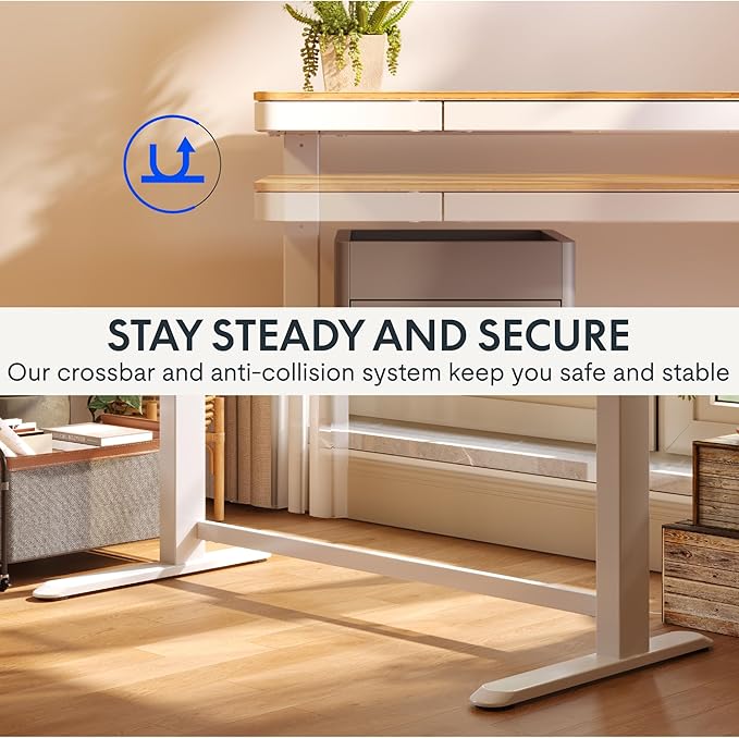 FLEXISPOT Electric Standing Desk with Drawer Storage Adjustable Height Quick Assembly Table w/USB Charge Ports, Child Lock (Natural Desktop + White Frame)