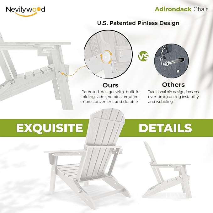 nevilywood Folding Adirondack Chair, Ergonomic Extended Backrest, HDPE All-Weather, 380lbs Capacity, Maintenance-Free, Cup Holder, (White)- Outdoor Patio & Firepit Chair