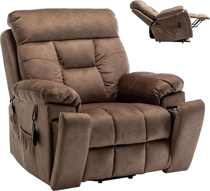 Oversized Power Lift Recliner Chair for Elderly with Massage Heat, Brown Velvet Electric Lay Flat Recliners with Cup Holders, Side Pockets, Infinite Position, Gift for Family