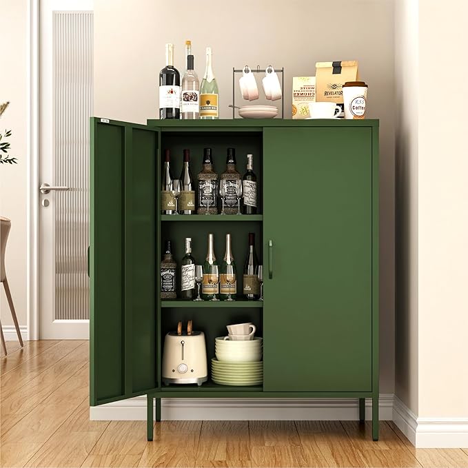 Metal Locker Cabinet, Green Storage Cabinets with 2 Doors and Adjustable Shelves, 3 Tier Modern Storage Freestanding Sideboard for Living Room,School,Office Home Kitchen and Coffee Bar