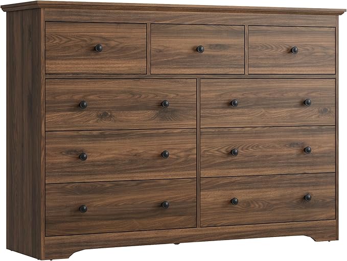 Dresser for Bedroom, 9 Drawer Dresser with Large Drawers, 55 Inch Wide Wood Chest for Living Room, Hallway, Walnut