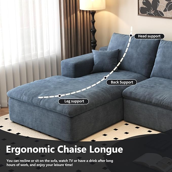 136.6'' L-Shaped Modern Modular Sectional Cloud Couch, 4-Seat Chenille Deep-Seat Sofa with Pillow for Living Room, Bedroom, Apartment, Ocean Blue