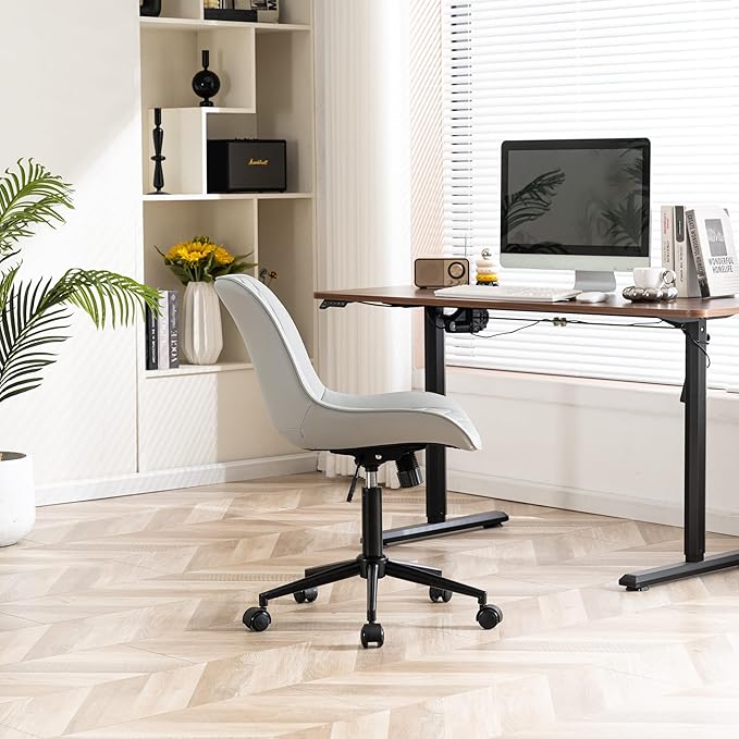 YOUNIKE Grey Ergonomic Home Office Desk Chair Armless Comfy Small Criss Cross Chair with Wheels Swivel Adjustable Modern Vanity Chair Wide Back Cute Leather Upholstered Rolling Task Chair No Arms