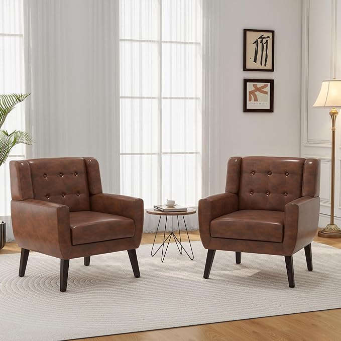 Accent Chair, Mid-Century Modern PU Leather Chairs with Arms for Living Room, Comfy Upholstered Club Single Sofa Armchair for Bedroom Waiting Room with Solid Wood Frame(Leather Coffee, Set of 2)