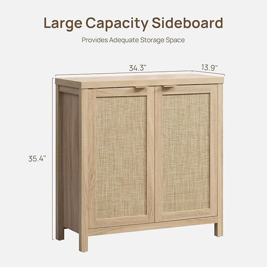 SICOTAS Rattan Cabinet Sideboard Buffet Storage Cabinet - 3 Pieces Farmhouse Boho Credenza Coffee Bar Cabinet with Rattan Decorated Doors for Kitchen Living Room - Light Oak