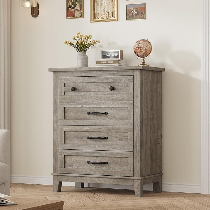 GarveeHome 4 Dresser for Bedroom, 34.8 in Tall Vertical Drawer Dresser with Large Storage, Freestanding Wooden Closet Chest for Bedroom, Living Room, Grey