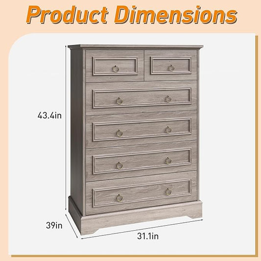 Maupvit 6 Drawers Dresser, Vintage Design Wood Rustic Chest of Drawers with Natural Texture, Sturdy & Durable Farmhouse Dresser, Ideal Storage Dressers for Living Room