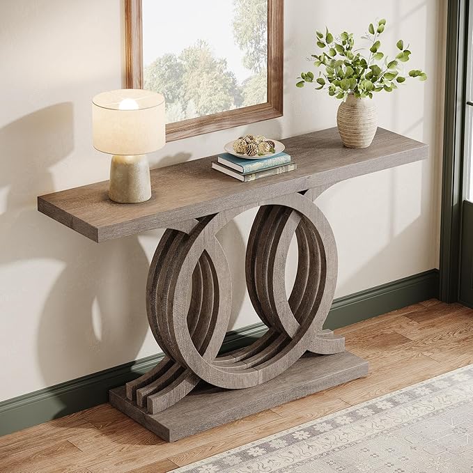 Tribesigns 55-Inch Console Table with Geometric Wood Base, Modern Entryway Table with Thick Tabletop for Living Room, Hallway, Foyer, Brown