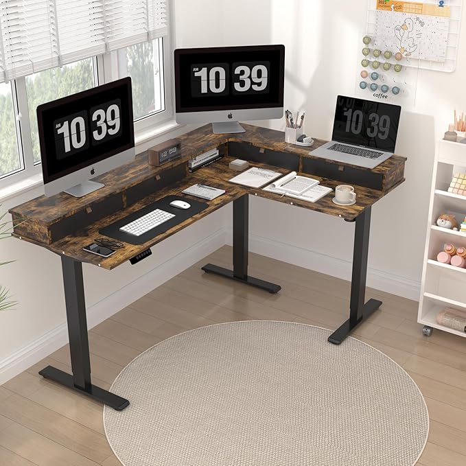 SANODESK L Shaped Standing Desk with 3 Drawers, Height Adjustable Stand up Desk, Corner Gaming Desk with Monitor Stand (Rustic Brown, 63"x47")