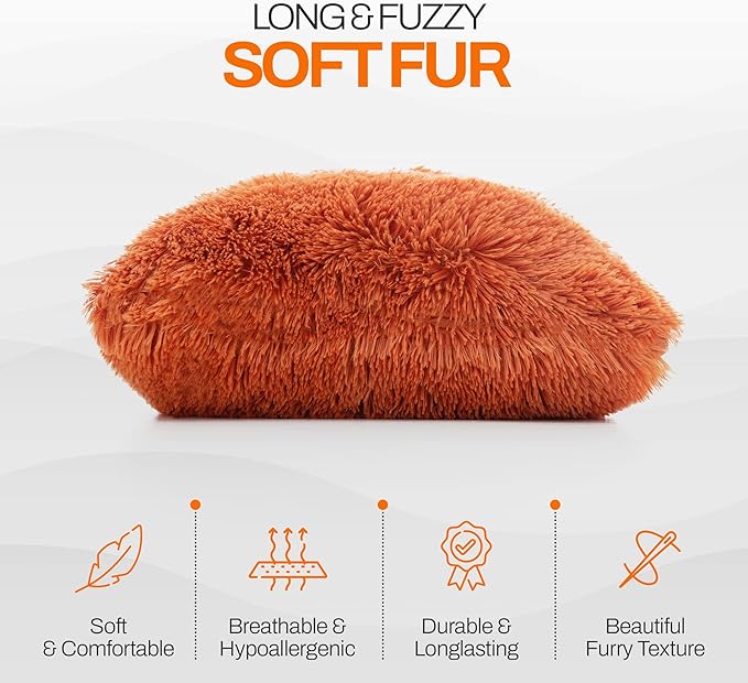 Cheer Collection Throw Pillows for Couch and Bed, Soft Shaggy Throw Pillows with Inserts Included, Cozy Long Hair Faux Fur Pillows - Set of 2-18" x 18" - Rust Orange