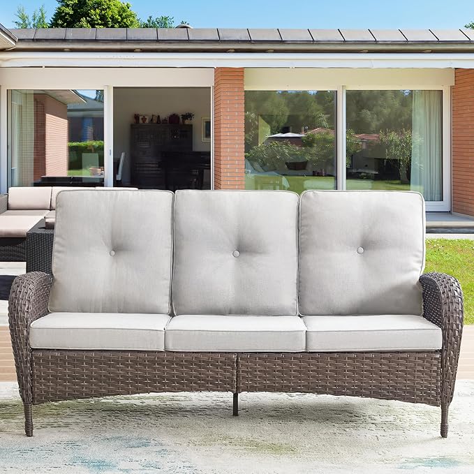 HUMMUH Outdoor Patio Couch-Outdoor Rattan Couch with Thick Cushions Outdoor Sofa for Deck Lawn Porch Balcony Poolside-Brown/Beige