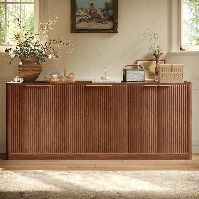 Evermagin 67" Fluted Walnut Buffet Cabinet Sideboard with Storage, Large Credenza with 6 Doors, Wood Mid Century Modern Sideboard for Kitchen and Living Room (67" W*31.5" H*15.7" D)