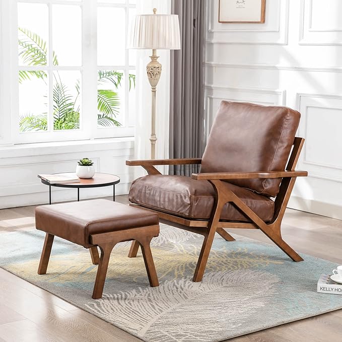 Wahson Brown Leather Mid-Century Modern Accent Chair and Ottoman Set, Retro Upholstered Armchair with Wood Frame and Removable PU Cushions, Large Leisure Slipper Chair for Living Room/Bedroom