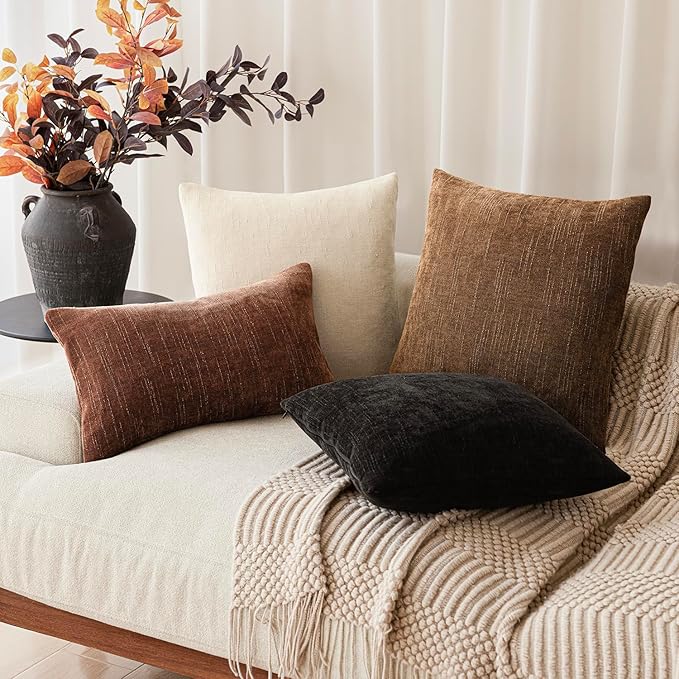 Foindtower Set of 2 Soft Textured Chenille Throw Decorative Pillow Covers Square Accent Solid Cushion Cover Cozy Neutral Farmhouse Pillow Case for Couch Sofa Bedroom Living Room 26x26 Inch,Dark Bronze