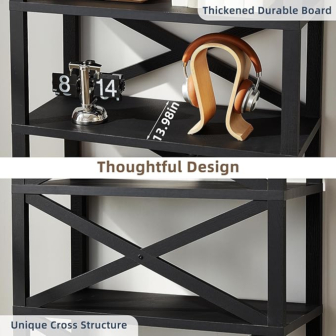 5 Tier Bookshelf 70" Tall Bookcase with Barn Doors,Large Farmhouse Display Book Shelf with Adjustable Shelves and Storage Cabinet,Library Wood Bookshelves for Living Room,Kitchen,Black(3PCS)