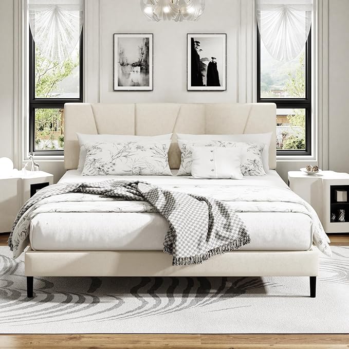 King Size Platform Bed Frame with Upholstered Headboard, Wooden Slats Support, Noise Free, No Box Spring Needed, Easy Assembly, Beige, Velvet
