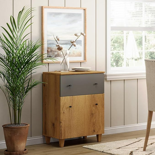 WAMPAT Storage Cabinet for Living Room, Freestanding Wood Accent Cabinets Sideboard with Drawer, Door, and Adjustable Shelf for Dining Room, Kitchen, Entryway, 32.4" H, Oak Brown & Dark Grey