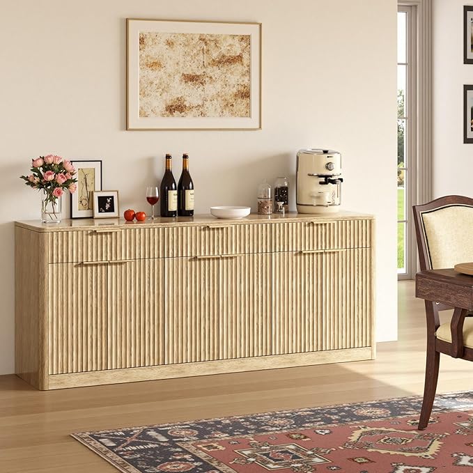 Evermagin 67" Fluted Oak Sideboard Buffet Cabinet with 3 Drawers, Modern Credenza with Storage, Console Coffee Bar Cabinet for Kitchen, Living Room and Entryway (67" W x 31.5" H x 15.7" D)
