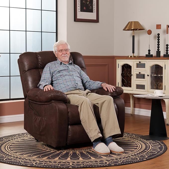 FLEXISPOT XL51 Dual OKIN Motor Power Lift Recliner Chair for Elderly, Lay Flat Sleeper Recliner with Massage & Heat, USB Ports, Faux Leather Reclining Sofa for Living Room Bedroom(Extra Large, Brown)
