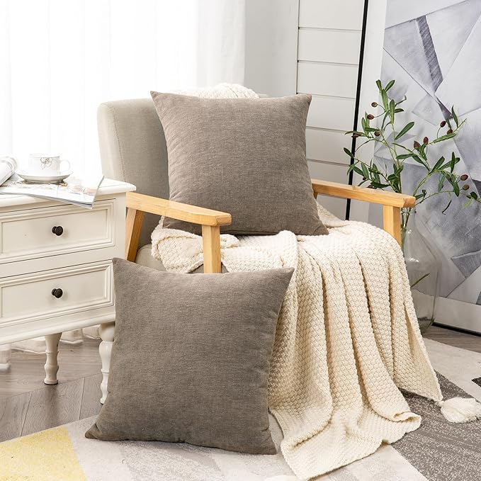 GAWAMAY Decorative Throw Pillow Covers 16x16 Inch Set of 2, Super Soft Chenille Square Pillows Farmhouse Fall Pillowcase for Living Room Bedroom Sofa Couch Cushion Cover Taupe Grey 40x40cm