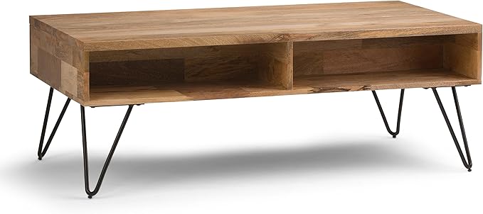 SIMPLIHOME Hunter Lift Top Coffee Table - 48 inch Wide Solid Mango Wood and Metal Industrial Cocktail Table in Natural, Functional Living Room Table with 2 Storage Cubbies and Hairpin Legs