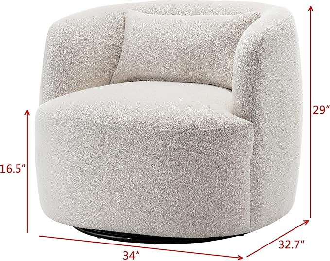 KINWELL 34" Wide Sherpa Swivel Barrel Chairs Set of 2, No Assembly Round Boucle Upholstered Accent Chairs Armchairs Single Sofa Chair with Toss Pillow for Living Room and Bedroom, Beige