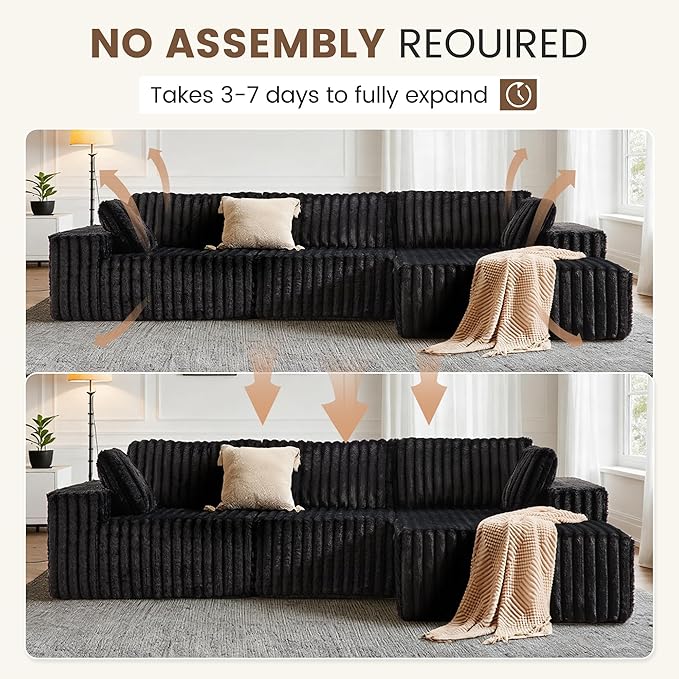 Apicizon 113" Modular Sectional Couch for Living Room, L Shaped Sectional Sofa Couch with Deep Seat, Boneless Sleeper Sofa with Chaise Longue for Apartment,No Assembly Required (Plush Corduroy Black)