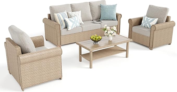 Patio Furniture Set 4 pcs, Wicker Rattan Sofa with 5.5” Thick Waterproof Cushions, 2 Chairs and Coffee Table, All Weather Outdoor Conversation Set for Backyard Deck, 5 Seats Beige