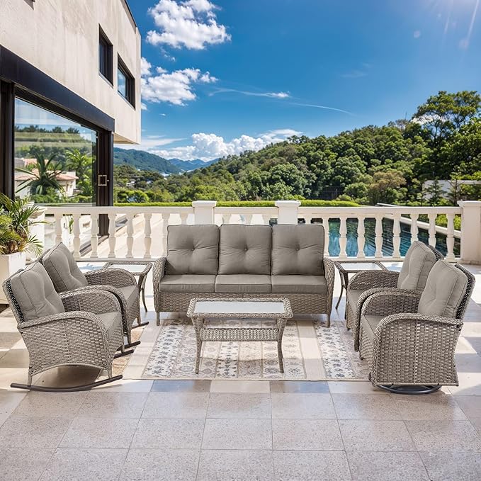 Outdoor Furniture-8 Piece Wicker Patio Furniture Set with Patio Swivel Chair Wicker Rattan Couch with Outdoor Rocking Chair Patio Conversation Set for Deck Lawn Porch Balcony Poolside-Grey/Grey