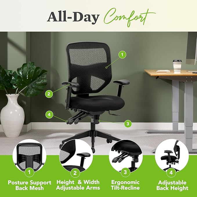 HON Prominent Mesh Ergonomic Office Chair with Adjustable Arms, Back Support, 360° Swivel Task Chair for Computers, Desk, Home Office, ASynchro-Tilt Recline, Black